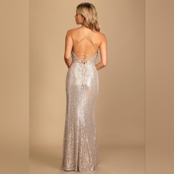 Lulus Evenings of Elegance Silver Sequin Lace-Up Maxi Dress M Wedding Party Prom - Picture 5 of 9